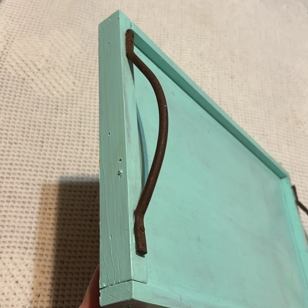 Wooden Tray with Handles Painted Seafoam Blue